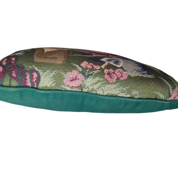 Large Vintage Tapestry Garden Scene Throw Pillow 17 x 17 Cottagecore Flowers - Picture 5 of 7